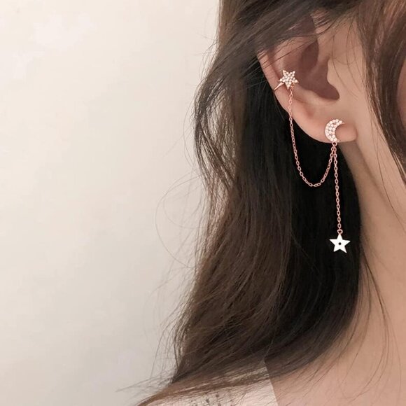 925 Sterling Silver Cuff Earrings Chain for Women Asymmetric Star Moon Earrings - Picture 2 of 7